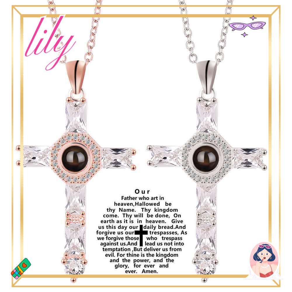 Lily Cross Projection Kalung Wanita Hadiah Liontin Masa Kini Zirkon Kristal Bentuk Salib