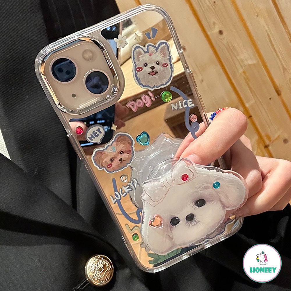 IPHONE Casing Ponsel Cermin Puppy Bunga Lucu Kompatibel Untuk Iphone11 12 13 14 Pro Max Shockproof Handphone Back Cover