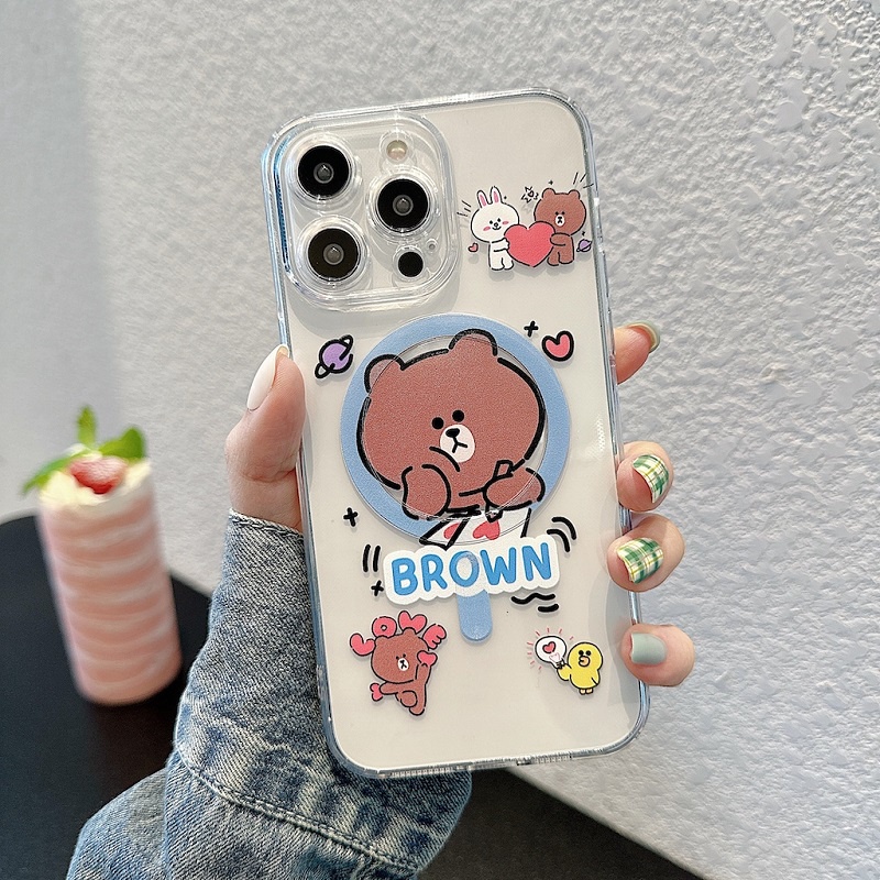 Untuk iPhone Case14 13 12 11 Pro Max Transparan Perlindungan Hisap Magnetik soft Case Kartun Beruang Kelinci Lucu