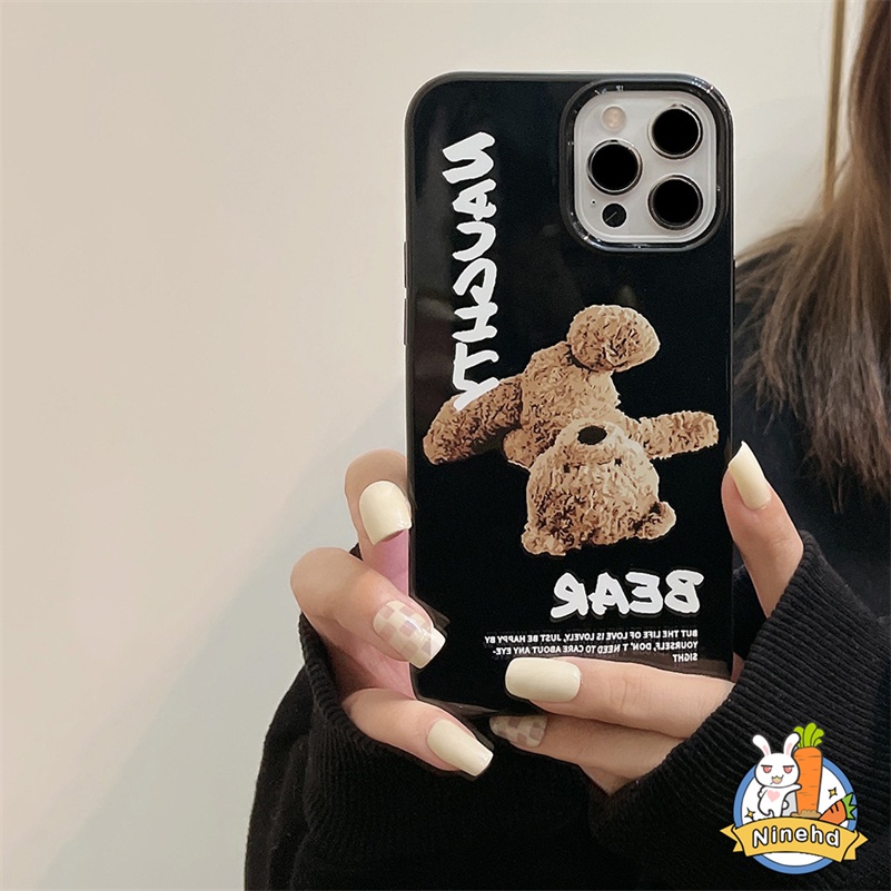 IPHONE Casing Kompatibel Untuk Iphone14 13 12 11 Pro Max X Xr Xs Max8 7 6 6s Plus SE 2020 Pasang Merek Teddy Bear Hitam Mengkilap Casing Ponsel Pelindung Lensa Shock Resistant Silicone Soft Case