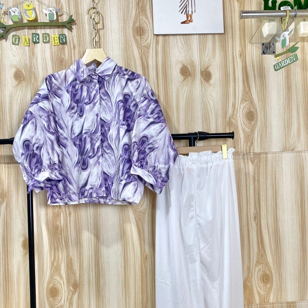BEFAST - ZSO SETELAN TASYA / One Set Carlotta Marble Puffy / Set Atasan Kemeja Lengan Panjang Motif Abstrak+Celana Panjang Polos / Fashion Wanita Remaja Terbaru / Outfit Daily Wanita Kerja / Pakaian Casual Remaja ABG Terlaris / Trendy