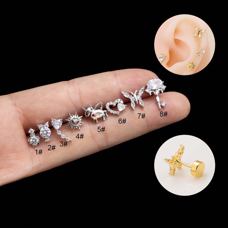 1biji Anting Tulang Rawan Tragus Helix Earring 20Gauge Piercing Stainless Steel Stud Kupu-Kupu Hati Burung Hantu Bentuk Kuda