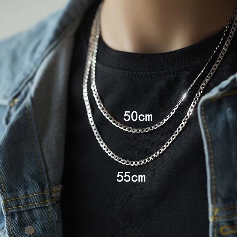 Hot Jual S925 sterling silver Kalung Sederhana Trendi Pria 3.5 mm Rantai Samping Kuba Cambuk Rantai, Grosir Fashion Perhiasan