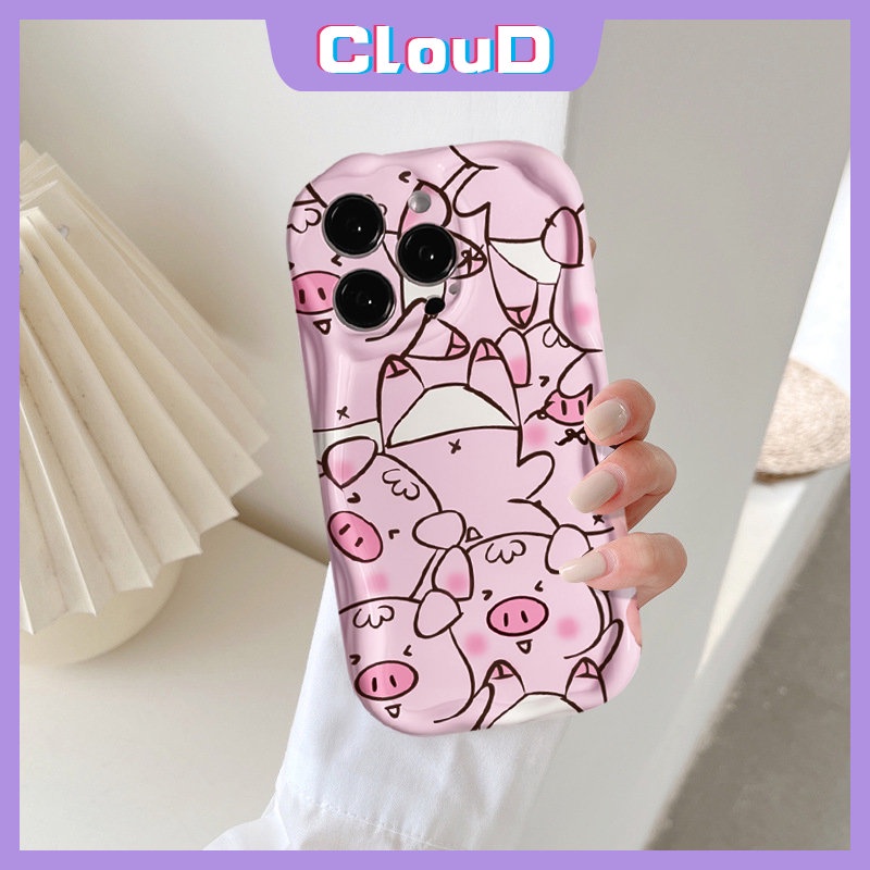 IPHONE Casing Kartun Glossy Tepi Melengkung Bergelombang 3D Kompatibel Untuk Iphone11 14 12 13 Pro Max X 7 6s 8 6 Plus XR XS Max 7Plus SE 2020 Pasangan Kelinci Lucu Babi Indah Lembut Tpu Cover