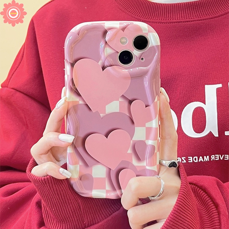 Rose Pink Lattice Love Heart Phone Case Untuk Samsung A12 A24 A14 A13 A04s A30 A51 A21s A30s A04 A23 A03 A03s A32 A52 A20s A10s A50 A02s A20 A11 3D Wavy Curved Edge Glossy Soft Cover