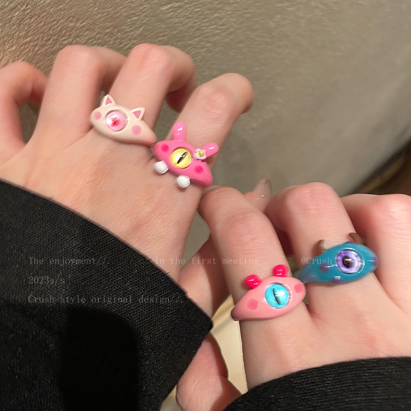 Cincin Monster Kecil Pink Hitam Desain Niche Perempuan High-end Pembukaan Cincin Jari Telunjuk2023Cincin Keren Trendi