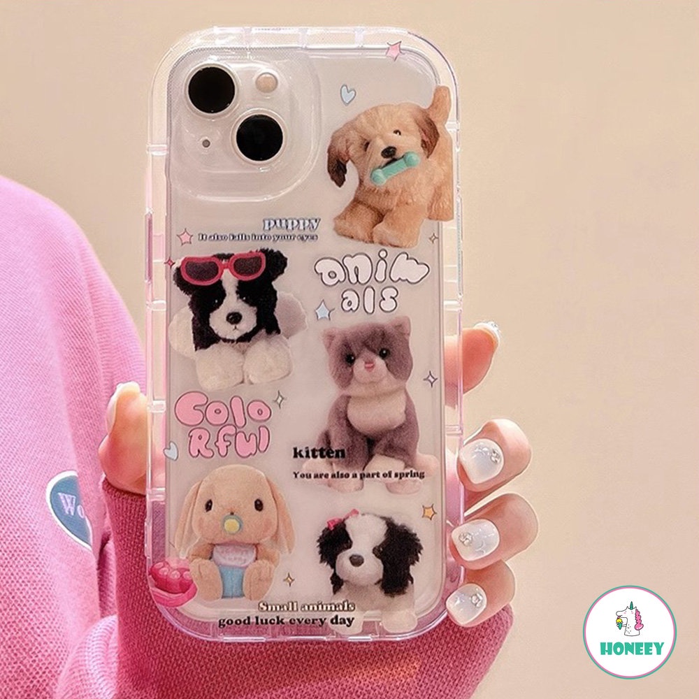 IPHONE Kawaii Plush Puppy Cat Rabbit Doll Casing Ponsel Bening Untuk Iphone14 13 12 11 Pro Max Kartun Lucu Dengan Penutup Ponsel Kartu Glitter