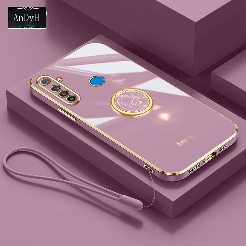 Andyh Casing Ponsel Silikon Ultra Tipis Untuk OPPO Realme 5 Pro 5i 5S 6i C3 Realme Narzo 10 20A Deluxe Fall Protection Gold Band Dengan Jam Cincin Dan Lanyard Gratis