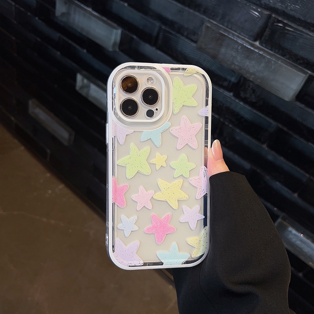 IPHONE Warna Macaron Gambar Tangan Doodle Bintang Transparan Shockproof Casing Ponsel Cover Untuk Iphone11 12 13 14 PLUS PRO MAX