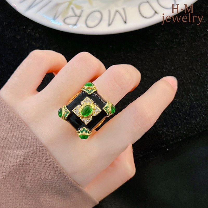 Gelang Batu Akik Hitam Enamel Glaze Vintage Emerald Ring