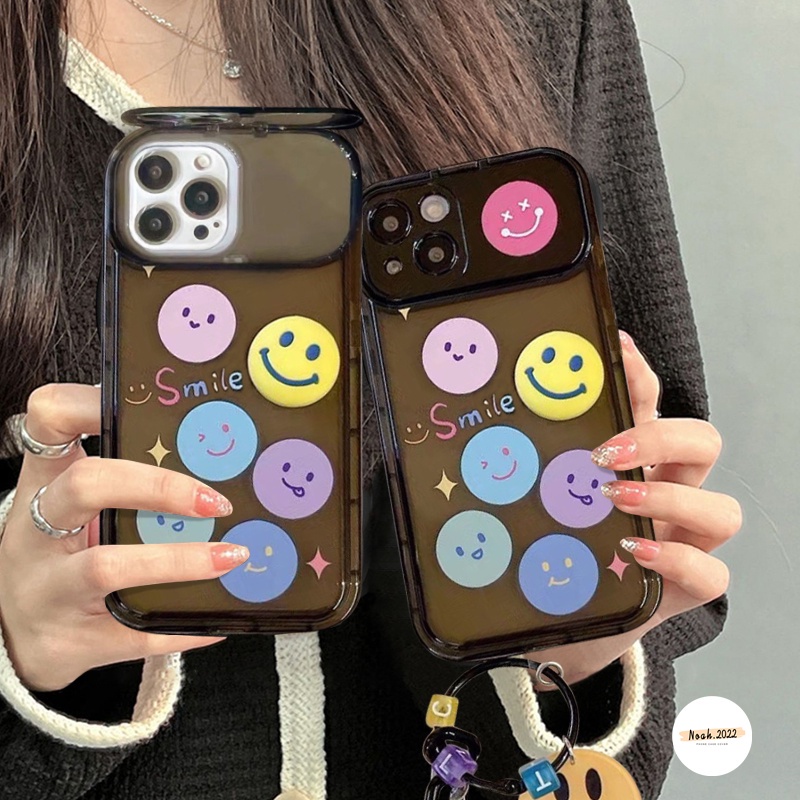 IPHONE Kartun Lucu Smiley Case Dengan Gelang Kompatibel Untuk Iphone11 Pro MAX XR 78 Plus 14 12 13 Pro MAX X XS MAX SE 2020 Kreatif Flip Make Up Cermin Shockproof Soft TPU Case