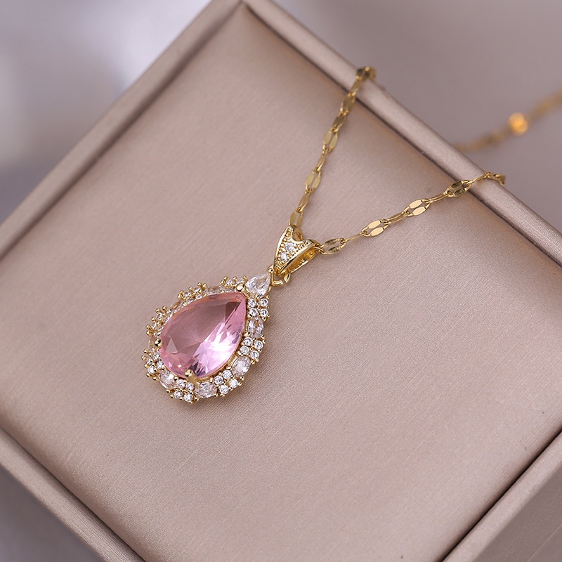 Kalung Lucu Pink Love Droplet Anting Cincin Zirkon Perhiasan Kalung Baja Titanium