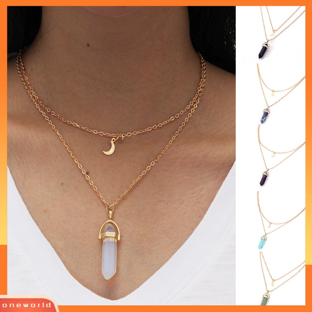 [ONE] Liontin Kalung Double Layer Adjustable Panjang Multifungsi Wanita Bulan Sabit Batu Perhiasan Pendant Necklace Untuk Pesta Pernikahan Club