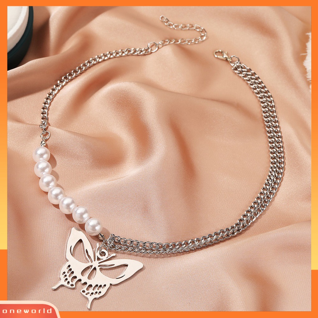 [ONE] Wanita Kalung Double Layer Kupu-Kupu Liontin Perhiasan Ins Gaya Mutiara Imitasi Choker Kalung Hadiah Ulang Tahun