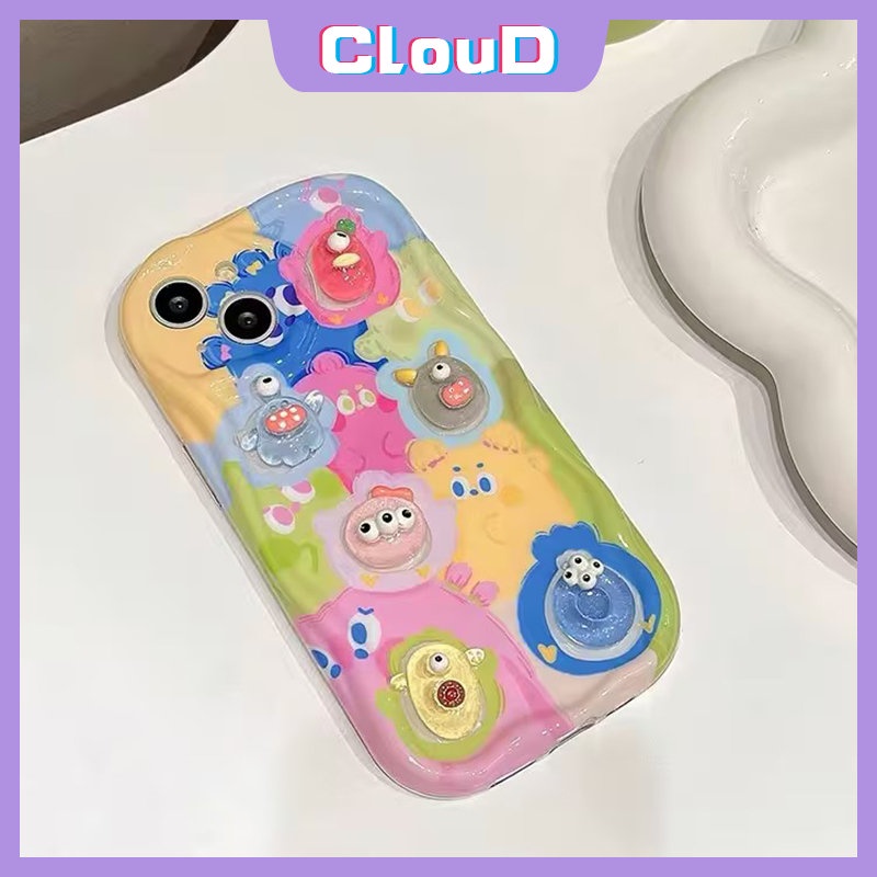 IPHONE Boneka Lucu Bear Monster Star Rainbow Rabbit Case Kompatibel Untuk Iphone11 14 12 13 Pro Max XR 7 6 6s 8plus X XS Max SE Kartun DIY TPU Lembut 3D Wavy Curved Edge Glossy Cover