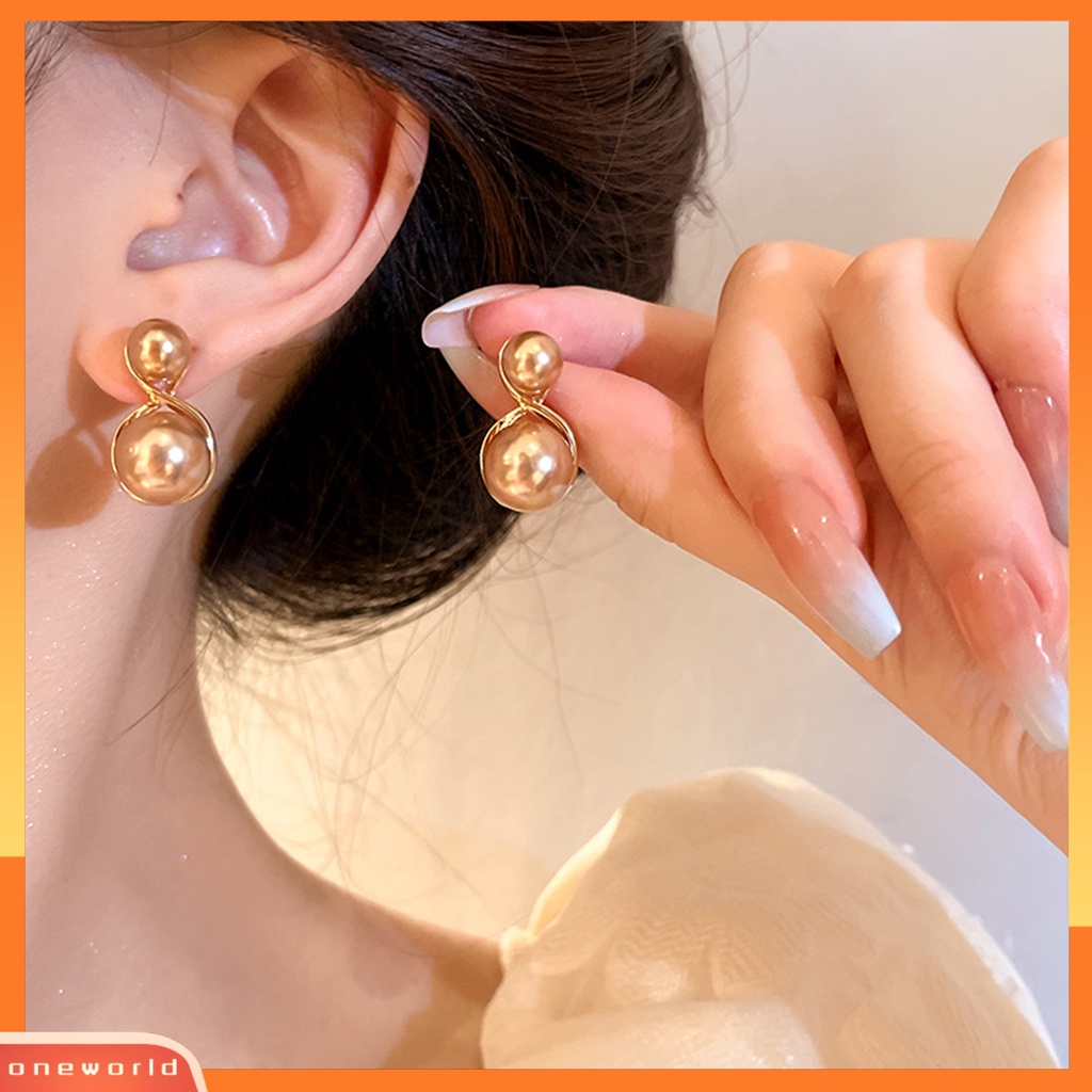 [ONE] 1pasang Chic Anting Warna Champagne Geometris Mutiara Imitasi Ear Studs Permukaan Glossy Proses Elektroplating Perhiasan Hadiah