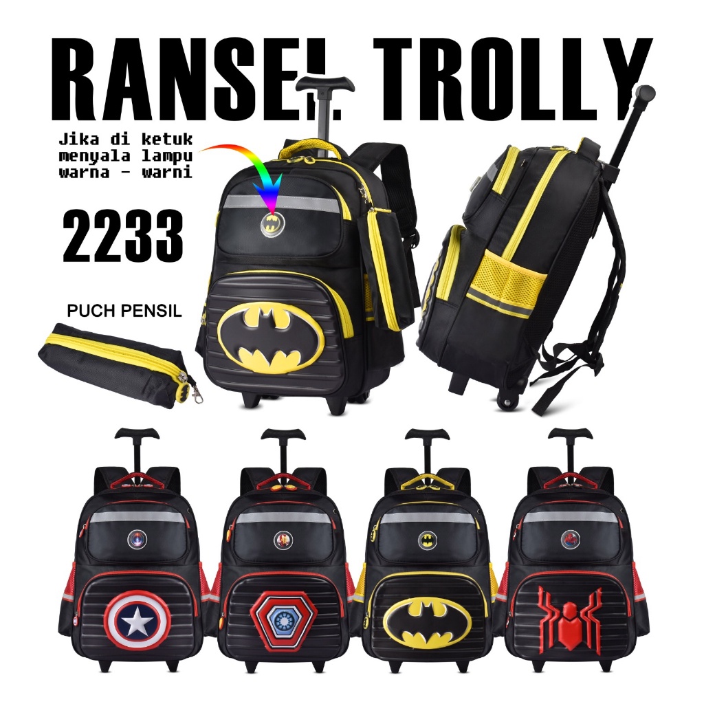 Tas Lampu Trolly 2233 Tas Sekolah Anak Cowok Sekolah Tas Roda Motif Batman,Captain America,Iron Man,Spiderman