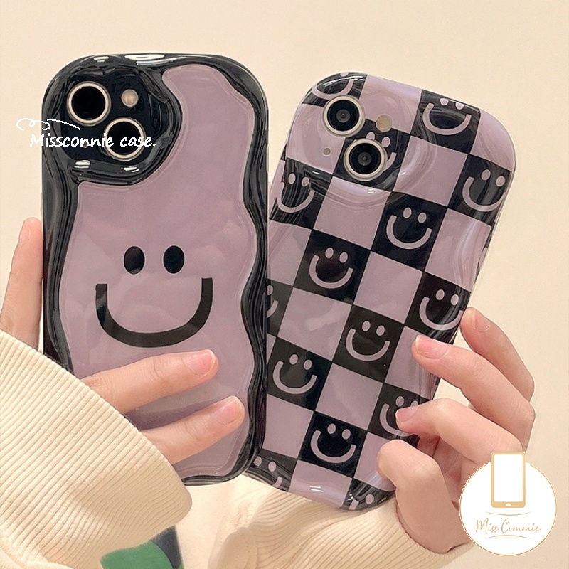 Case Smiley Kartun Lucu Untuk Realme C35 C55 C30 C53 C33 C17 C31 C25Y C21Y C25 5 6i 5s 7i 5i C12 C20A C11 C15 C2 C3 C1 C20 C25s C21 3D Wavy Curved Edge Soft Checkerboard Cover