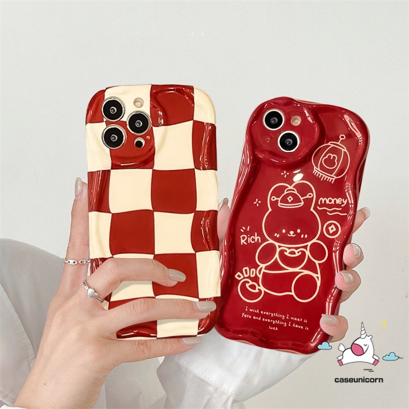 Case Glossy Kotak-Kotak Kartun Merah Untuk Redmi 9C NFC 10C 10A A2 A1 10 9A 9T 9 POCO M3 Redmi Note8 11 9 10s 12 10 11s Pro Max 3D Tepi Melengkung Bergelombang Tahun Baru Kaya Lucu Kelinci Cover