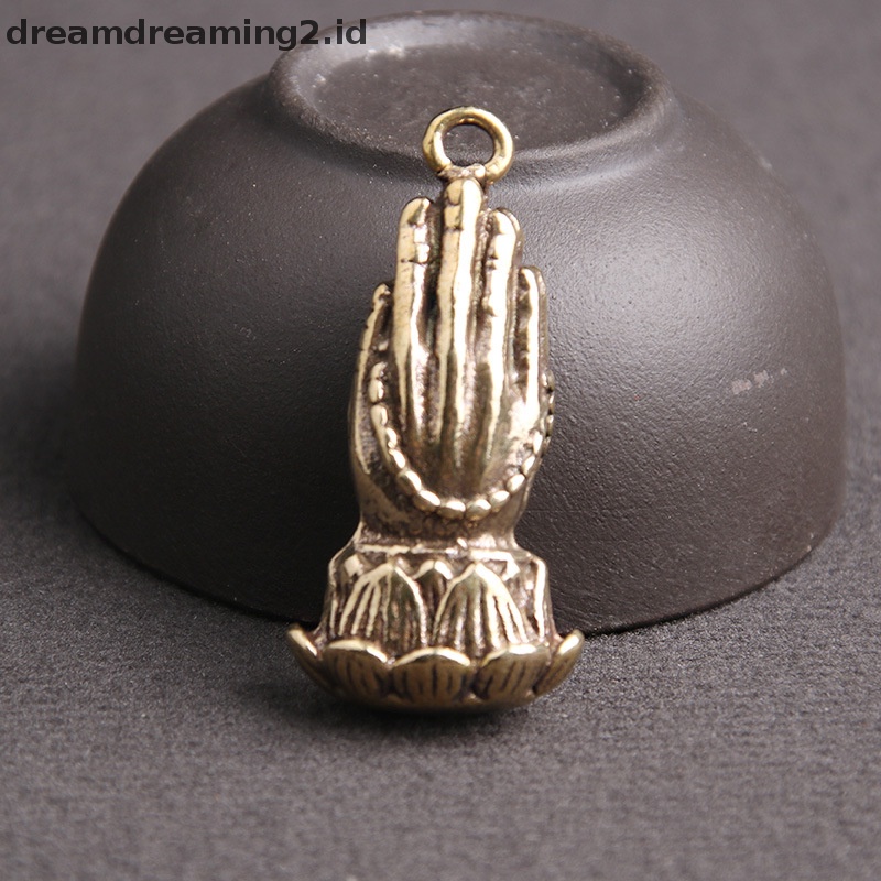 (drea) Tangan Bersama Buddhisme Kuningan Doa Buddha Dengan Dasar Teratai Manik-Manik Buddha Liontin Keagamaan Mini Hand Pray Figurines Hiasan Meja //