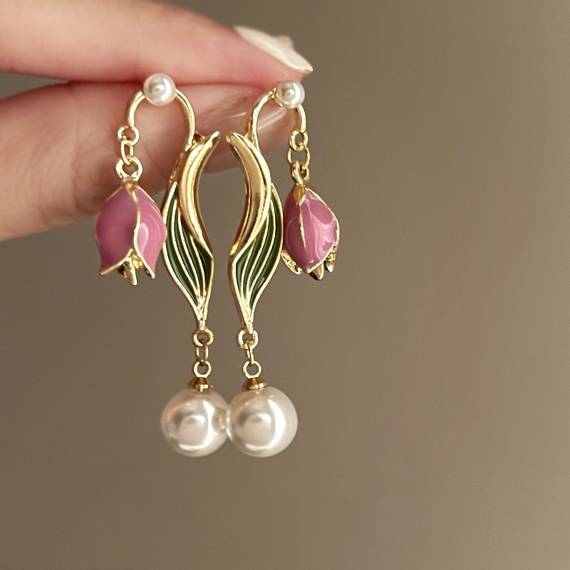 Romantic Tulip French Retro Tetes Minyak Bunga Mutiara Classy Earrings