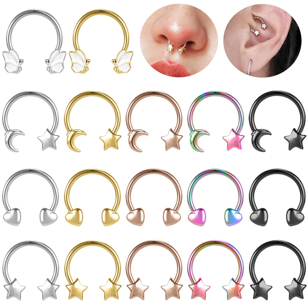 1pc 16G Stainless Steel Kupu-Kupu Tapal Kuda Septum Cincin Bintang Bulan Hidung Tindik Daith Helix Tindik Tulang Rawan Anting-Anting