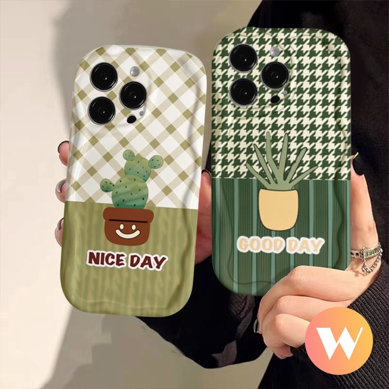 IPHONE Case Kompatibel Untuk Iphone11 14 13 12 Pro Max11 XR 6 6s 7 8 Plus X XS Max SE 2020 3D Bergelombang Tepi Melengkung Segar Pot Tanaman Kaktus Kisi Pola Casing Lembut Tpu Penutup Belakang