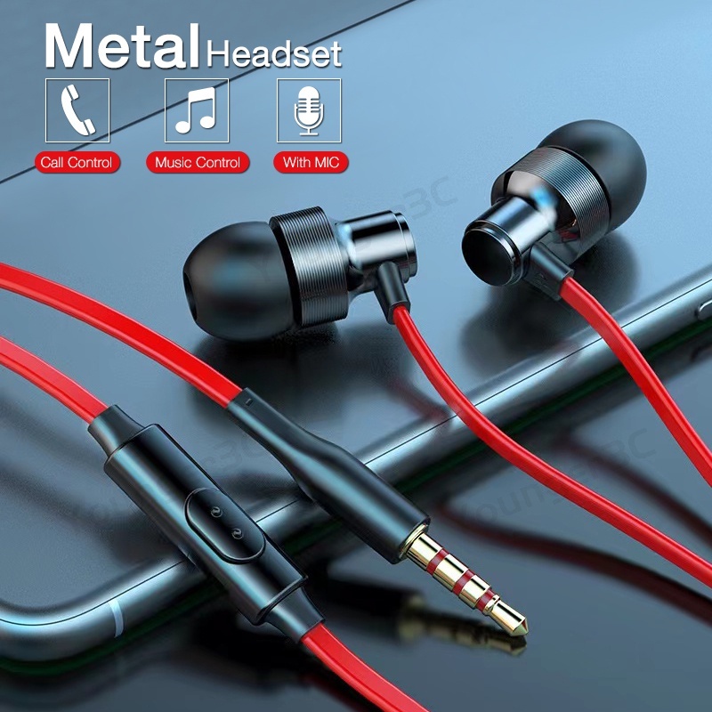 3.5mm In ear Metal Wired Earplugs HiFi Bass Stereo Audio Earbuds Music Tuning Inline Control Earphones Headset Telepon Suara Dengan Mic