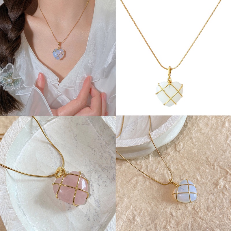 Kalung Kristal Rose Quartz Opal Batu Berbentuk Hati Liontin Kalung Perhiasan Fashion Lucu