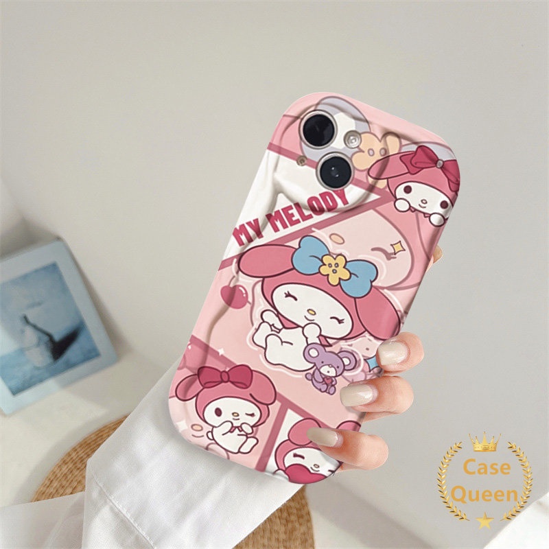 Kartun Melody Cinnamoroll 3D Wavy Curved Edge Case Kompatibel Untuk IPhone XR X XS Max 6 6S 8 7 Plus 11 13 14 12 Pro Max SE 2020 7Plus Kuromi Pochacc Hello Kitty Bear Stripe Cover