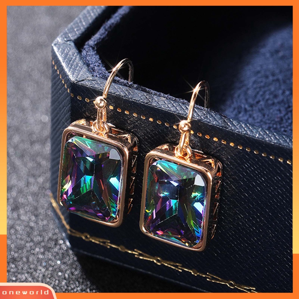 [WOD] 1pasang Shiny Luxury Drop Earrings Copper Multicolor Cubic Zirconia Anting Kait Perhiasan Pesta