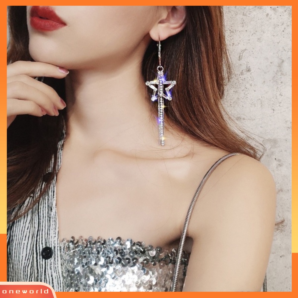 [WOD] Wanita Berlian Imitasi Berongga Bintang Panjang Rumbai Menjuntai Hoop Earrings Statement Jewelry