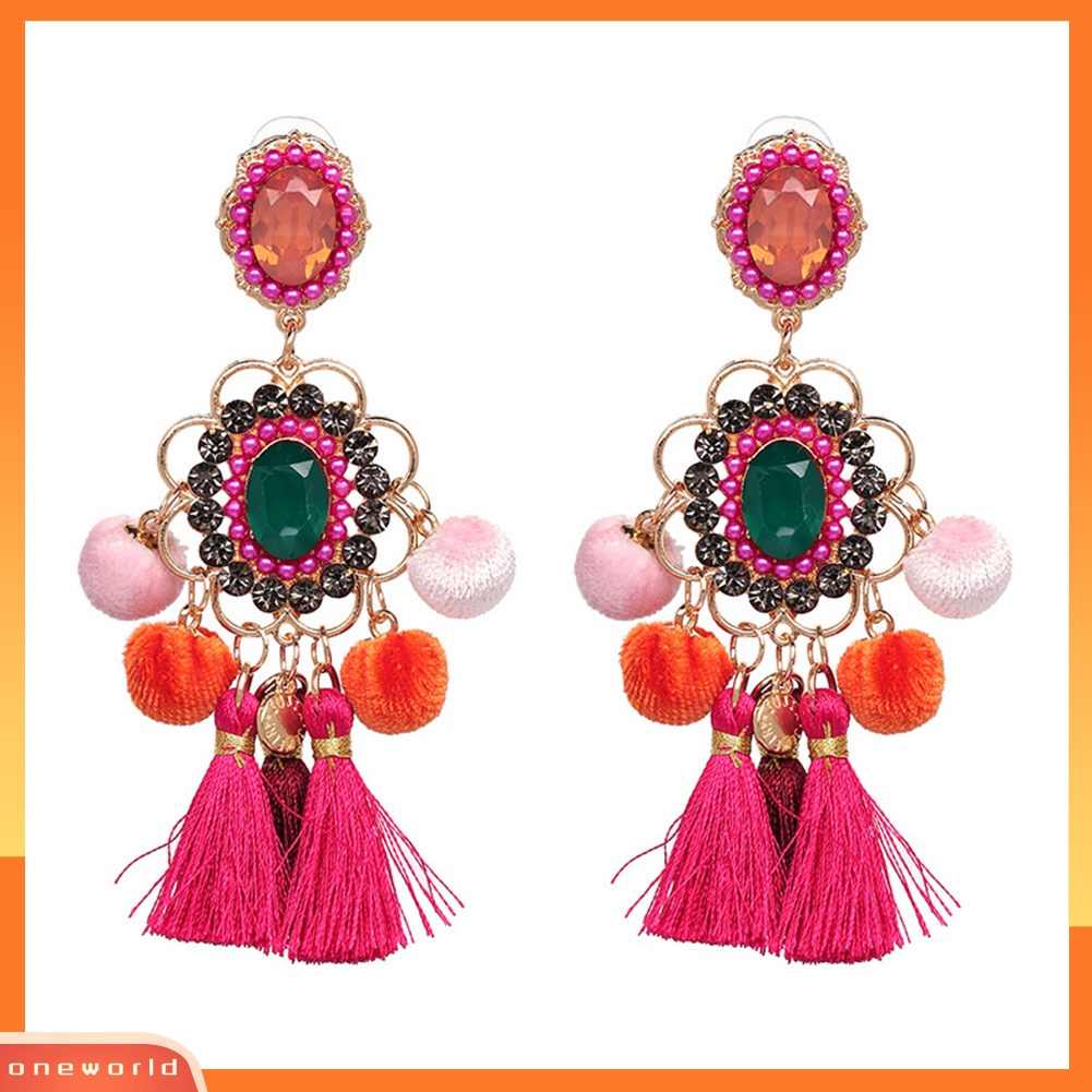 [WOD] Wanita Berlian Imitasi Bunga Pompom Rumbai Menjuntai Ear Stud Earrings Pernyataan Perhiasan