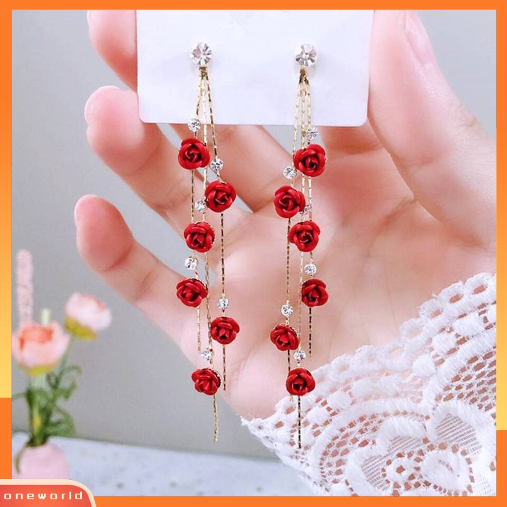 [WOD] 1pasang Anting Wanita Bentuk Mawar Rumbai Manis Berlian Imitasi Menjuntai Earrings Untuk Hadiah