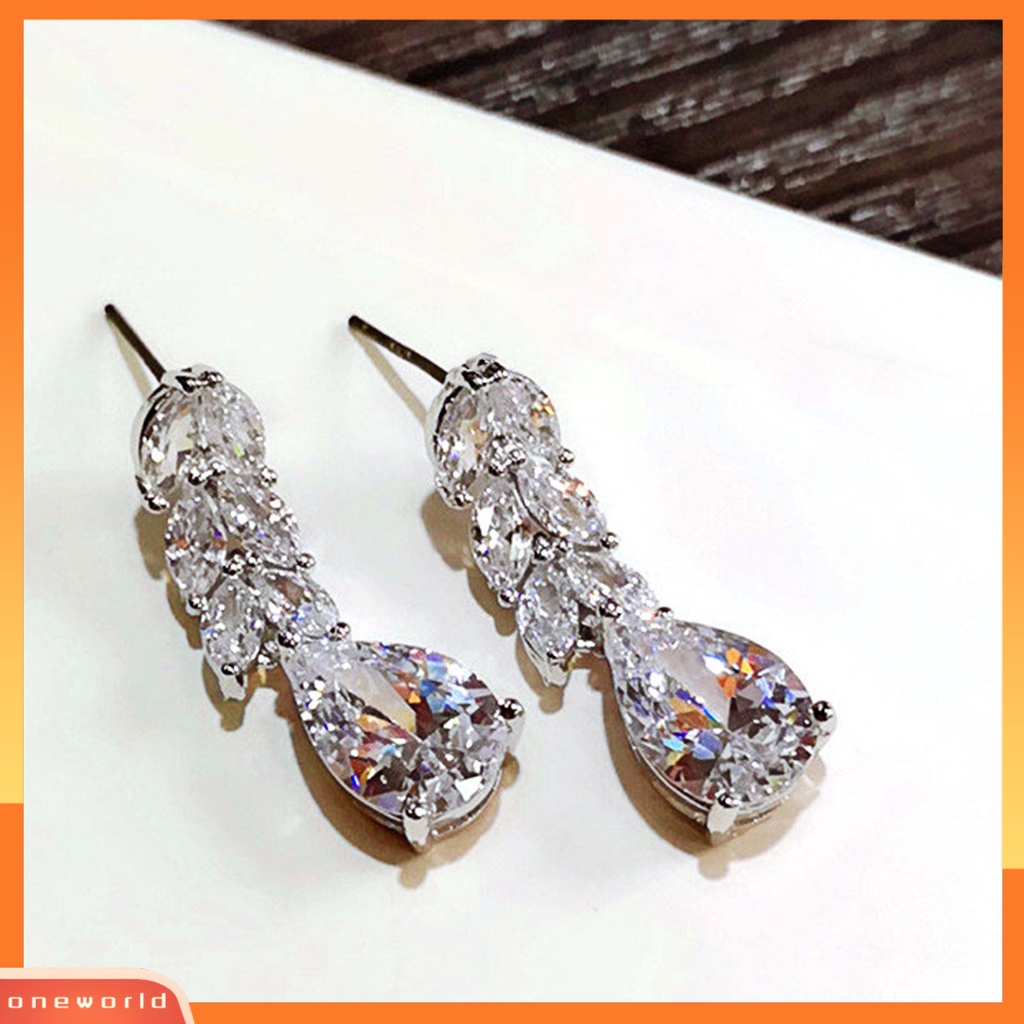 [WOD] 1pasang Berlian Imitasi Bersinar Tindik Stud Earrings Bentuk Tetesan Air Daun Wanita Anting Perhiasan Pernikahan