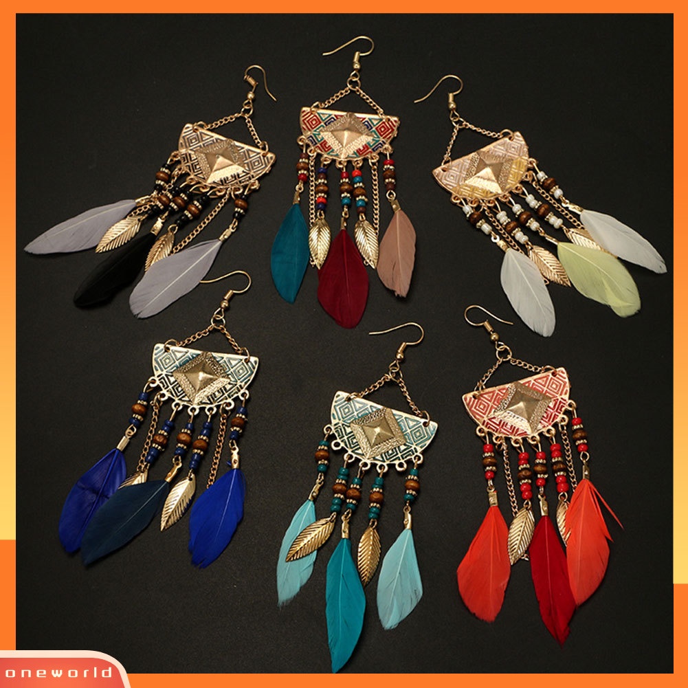 [WOD] Boho Geometris Bentuk Kipas Rumbai Manik-Manik Anting Bulu Statement Lady Ear Hooks