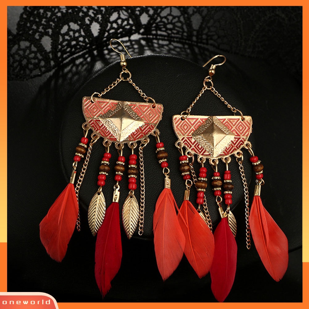 [WOD] Boho Geometris Bentuk Kipas Rumbai Manik-Manik Anting Bulu Statement Lady Ear Hooks