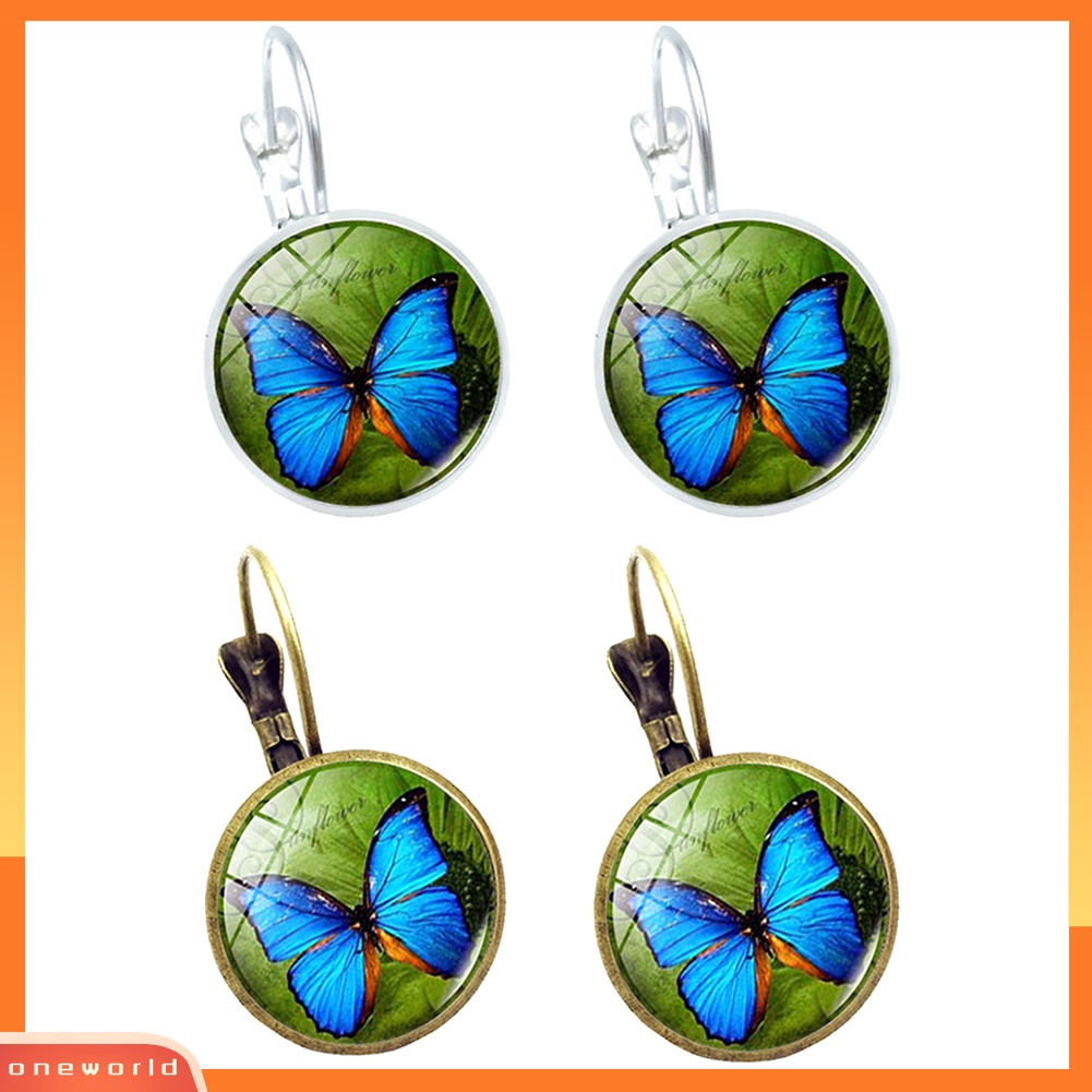 [WOD] Kaca Bulat Antik Cabochon Kupu-Kupu Leverback Anting Wanita Perhiasan Hadiah