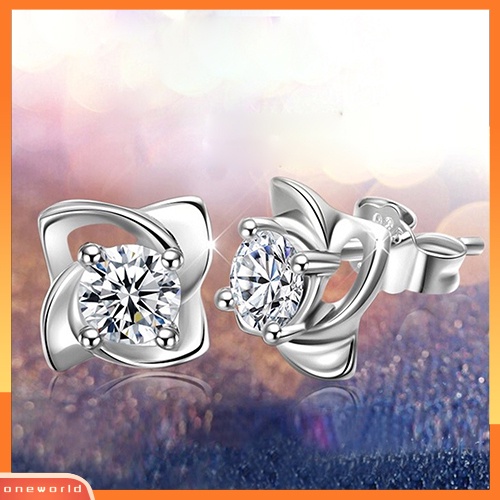 [WOD] Wanita Pernikahan Bunga Cubic Zirconia Perak Disepuh Ear Stud Earrings