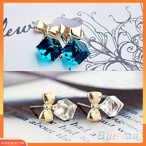 [WOD] Wanita Kilau Chic Ikatan Simpul Shiny Cube Berlian Imitasi Telinga Studs Lucu Menjuntai Anting-Anting