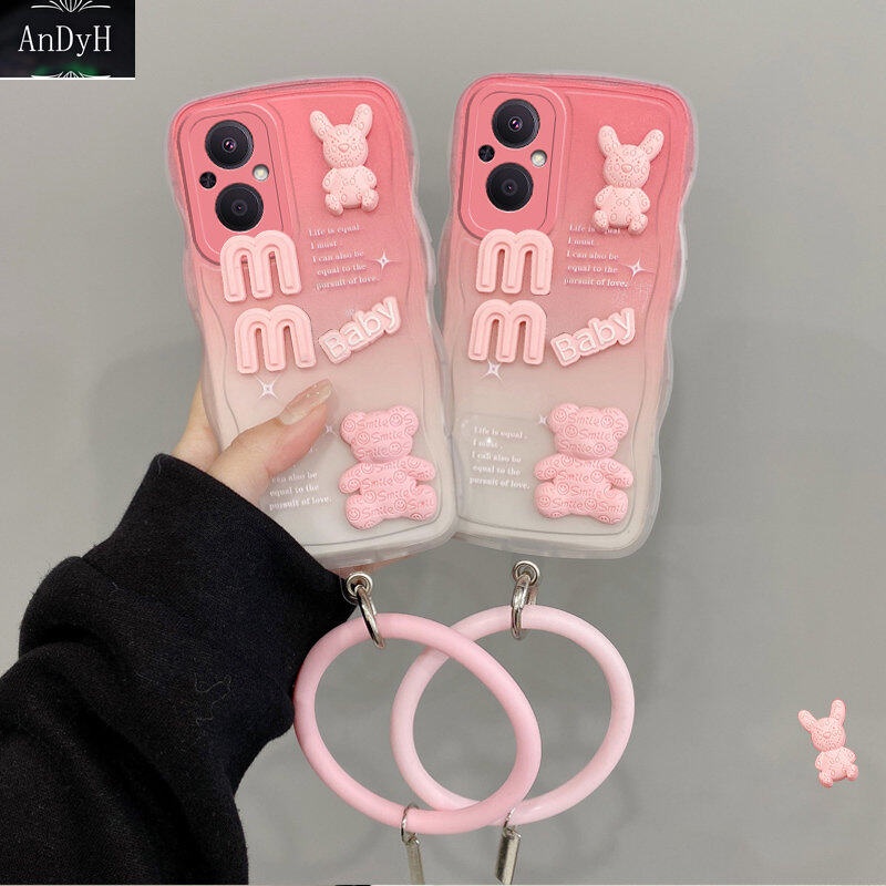 Baru OPPO Reno 7Z 8Z 8 Lite 7 Lite 5G F21 Pro Case 3D Cute Bear+ Gelang Warna Solid Fashion Premium Gradient Soft Phone Case Silikon Shockproof Casing Pelindung Penutup Belakang