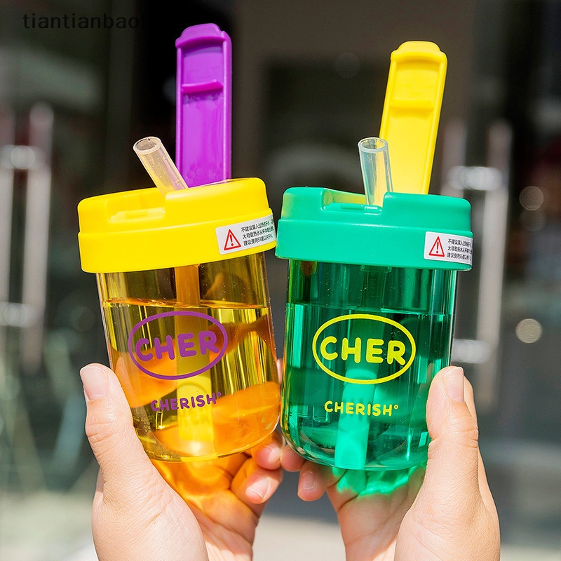 [tiantianbaofu] Gelas Plastik Lucu Mini Reusable 300ML Dengan Sedotan Mahasiswa Portable Straw Water Cup Boutique