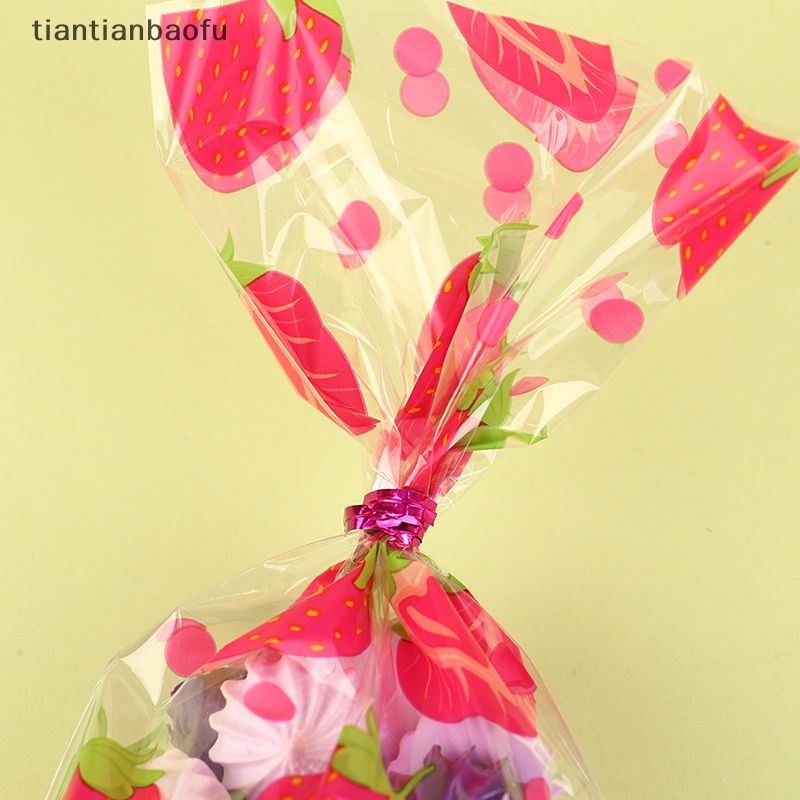 [tiantianbaofu] 50pcs Cookies Bag Dengan Ikatan Permen Biskuit Makanan Pack Strawberry Lucu Packing Bag Butik