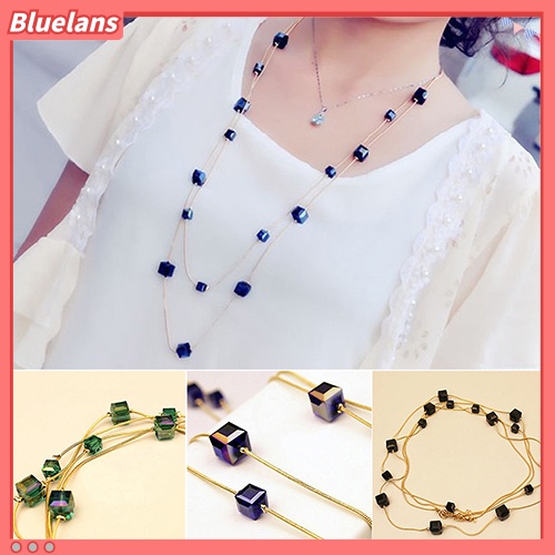 [BLS] Wanita Square Rhinestones Beads 2lapisan Golden Alloy Rantai Panjang Sweater Kalung
