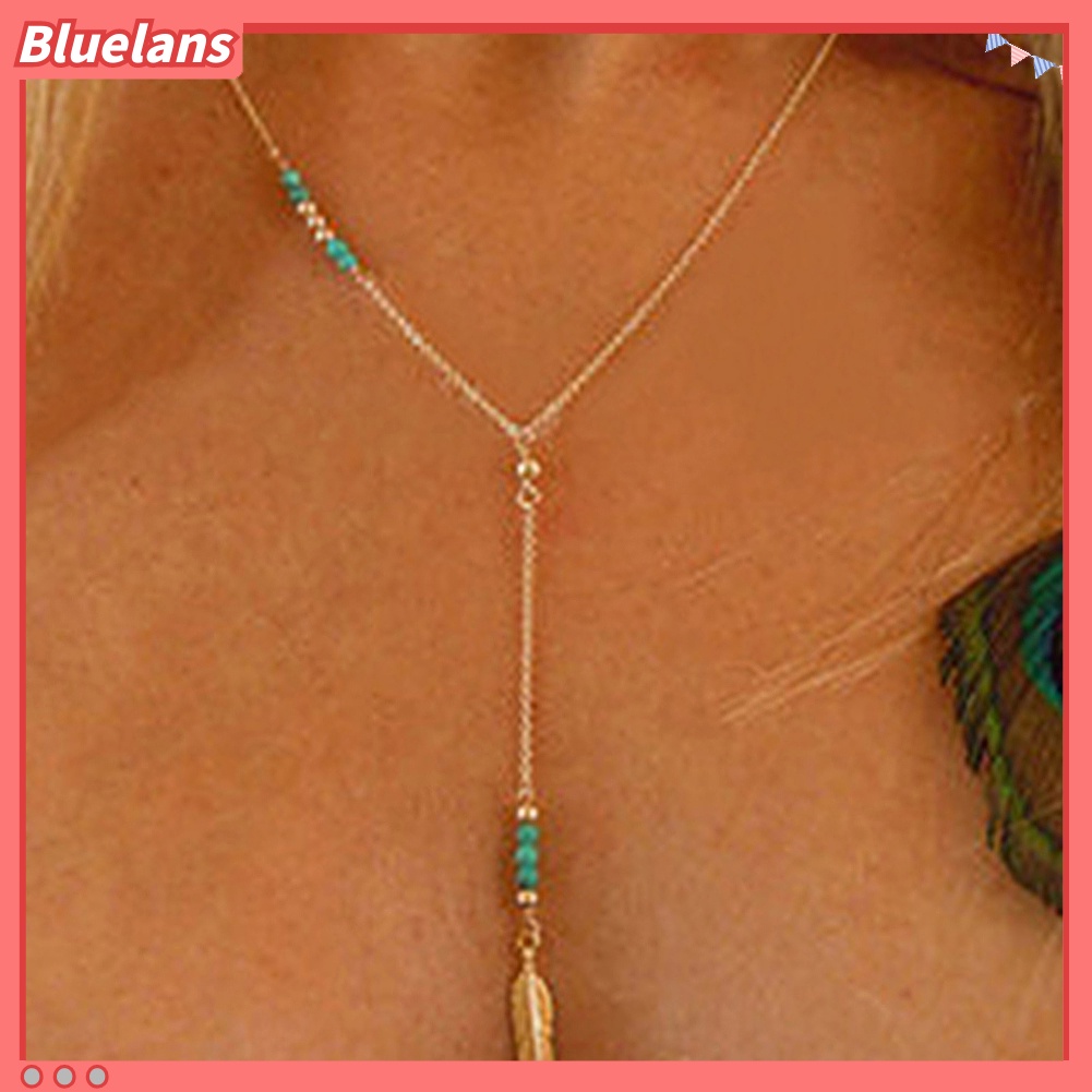 [BLS] Wanita Gaya Boho Feather Drop Pendant Turquoise Beads Handmade Kalung Rantai