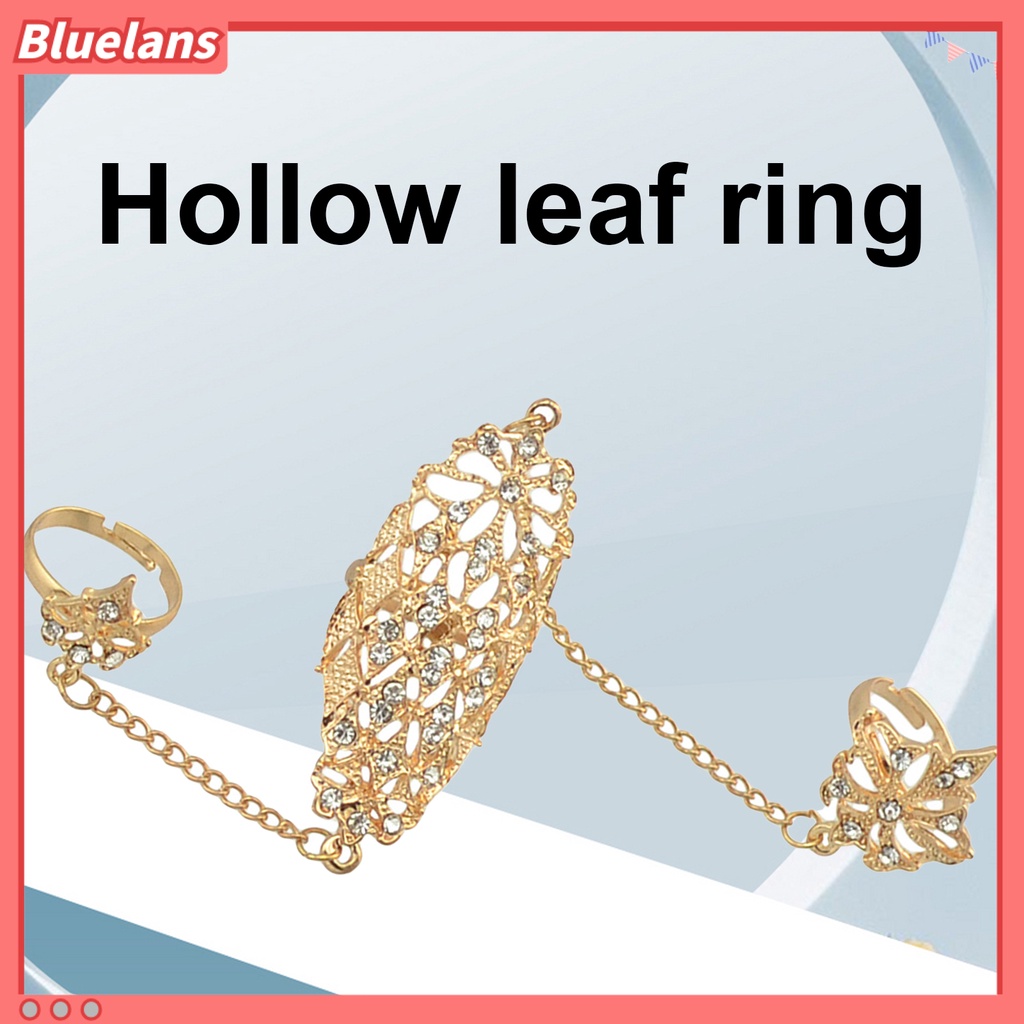 [BLS] Cincin Pembukaan Berlian Imitasi Tertanam Alloy Warna Emas Berlubang-out Leaf Dual Finger Chain Ring Untuk Pacaran