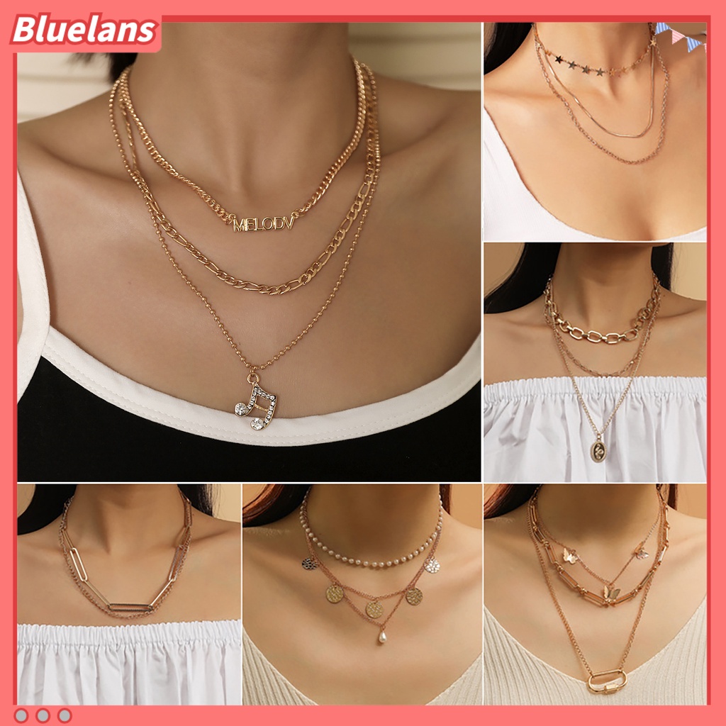 [BLS] Wanita Kalung Multi Bentuk Hip Hop Dipanjangkan Panjang Bentuk Bintang Multi-layer Lady Necklace Daily Jewelry