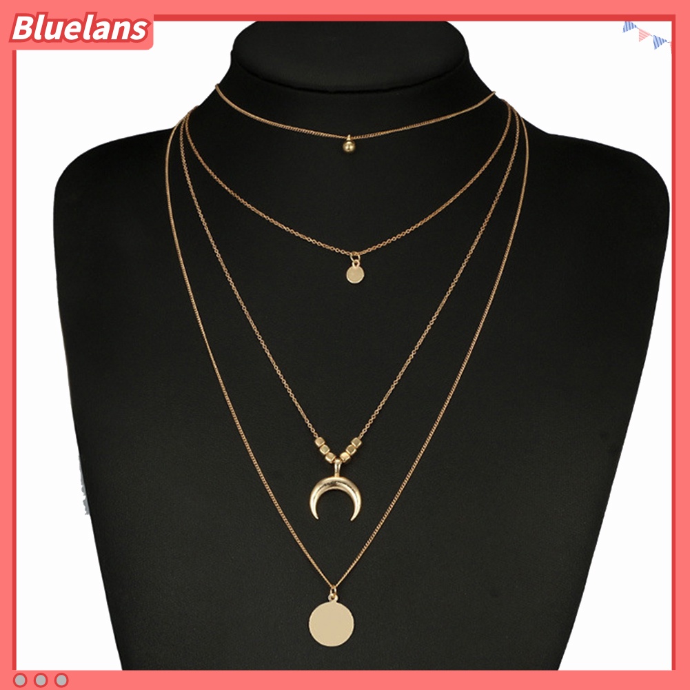 [BLS] Wanita Retro Alloy 4lapis Manik-Manik Bulan Liontin Bulat Pesona Rantai Kalung Choker