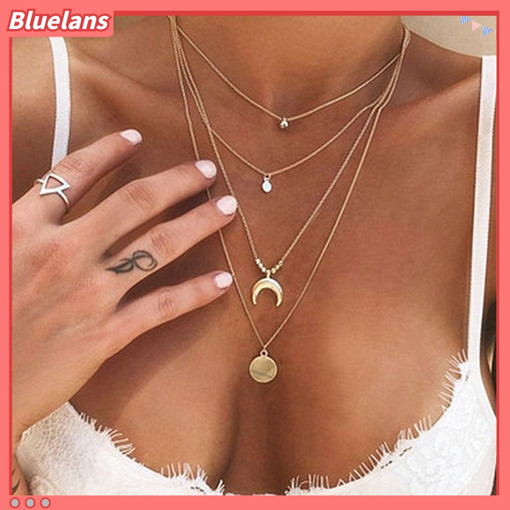 [BLS] Wanita Retro Alloy 4lapis Manik-Manik Bulan Liontin Bulat Pesona Rantai Kalung Choker