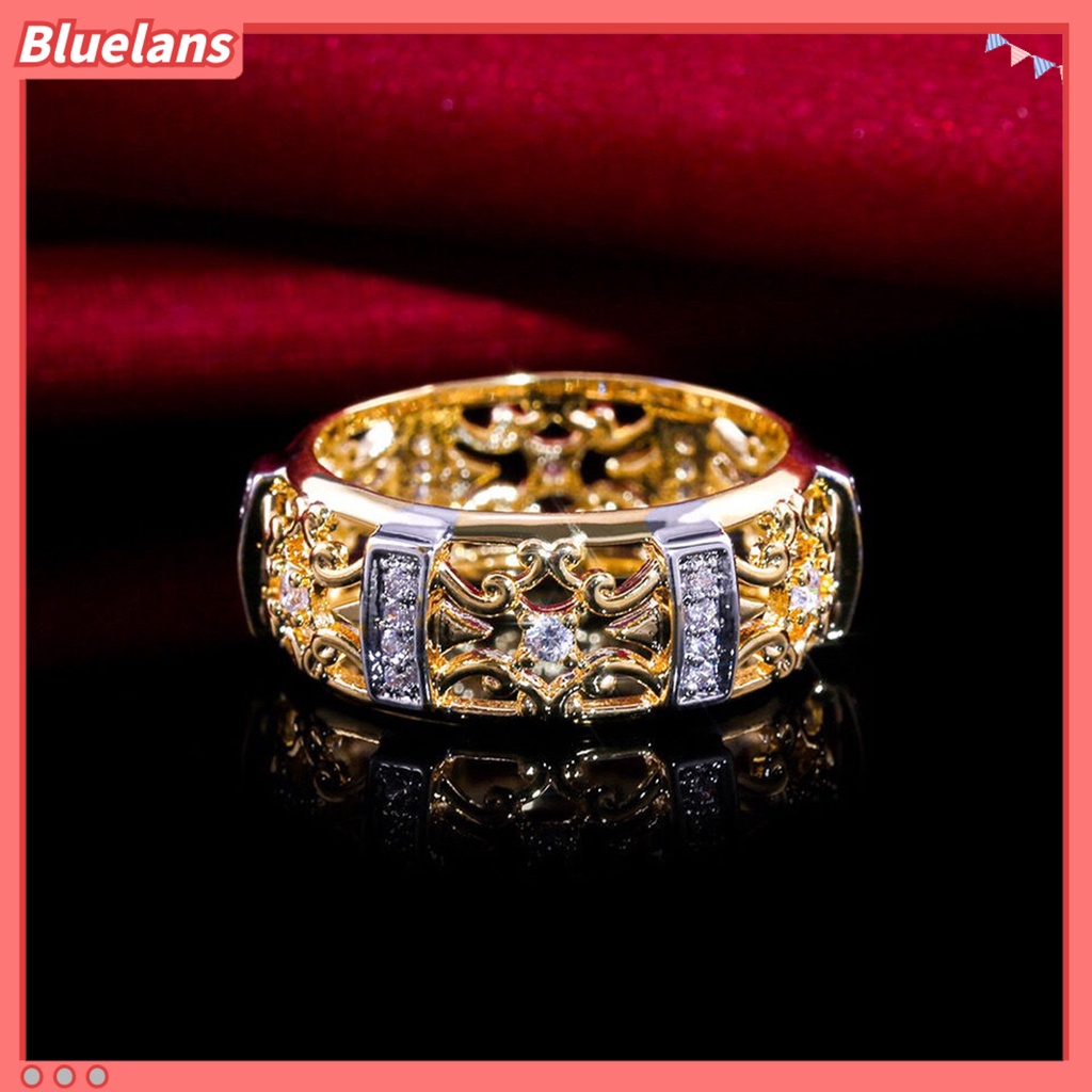 [BLS] Wanita Cincin Gaya Vintage Berongga Ukiran Dua Warna Kuno Bling Cubic Zirconia Ladies Finger Ring Fashion Perhiasan